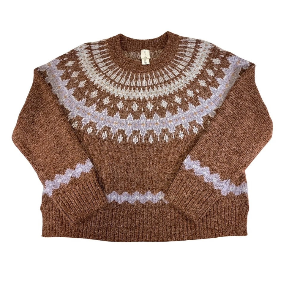 Joie Womens XL Fair Isle Knit Sweater Brown Lavender Nordic Pullover XL